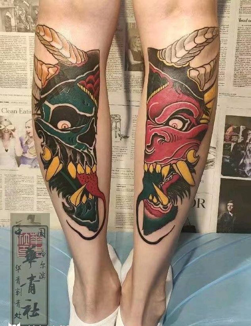 抽象班诺纹身图片_腿部老传统纹身图案