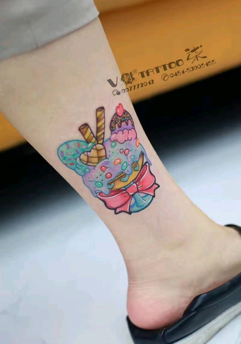 冰淇淋纹身图片_腿部脚部欧美清新原创成品纹身图案