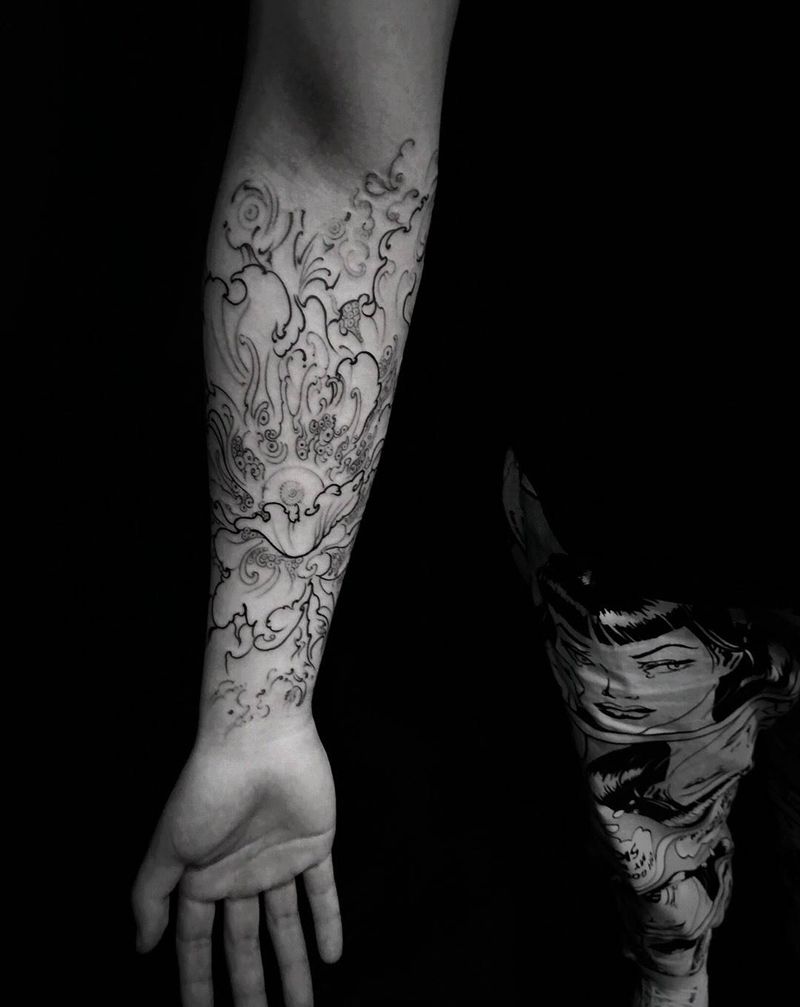 暗黑牡丹纹身图片_手臂欧美传统几何字符植物鬼神宗教原创纹身图案