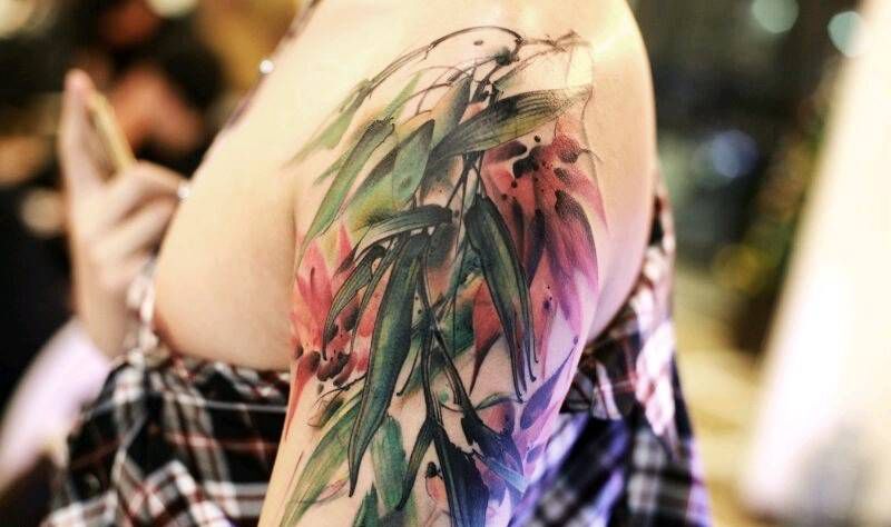 水墨遮盖未完成纹身图片_肩部手臂传统国画动物植物花臂纹身图案