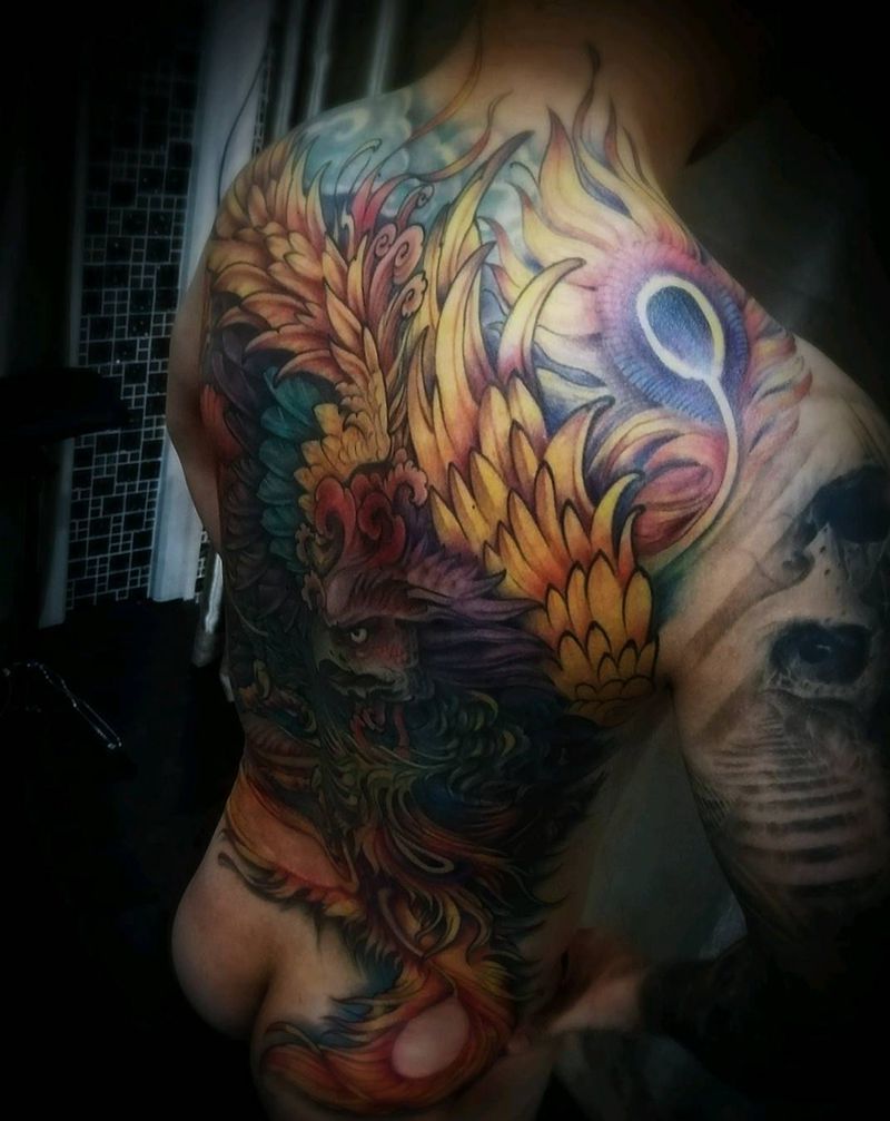 满背凤凰纹身图片_颈部肩部背部传统鬼神图腾宗教原创纹身图案