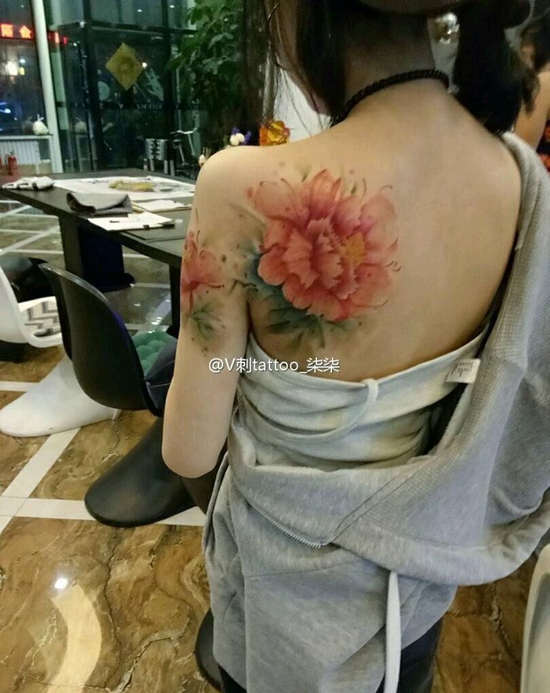 疤痕遮盖纹身图片_肩部背部手臂传统清新国画植物原创成品纹身图案