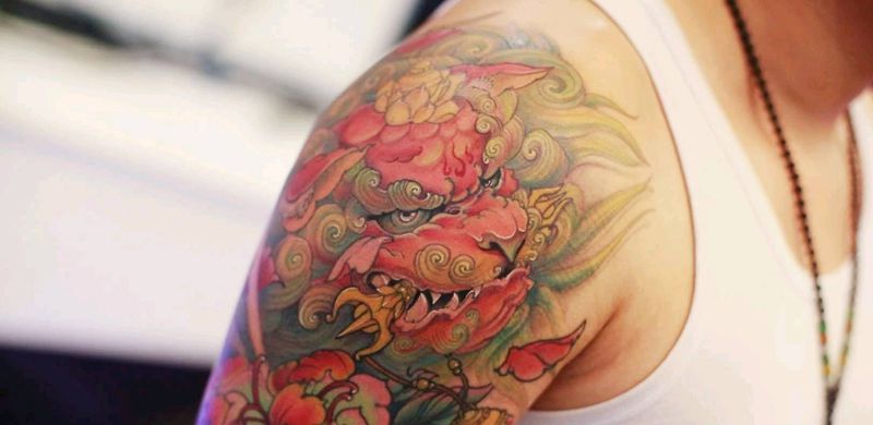 唐狮子纹身图片_手臂传统动物鬼神原创成品纹身图案