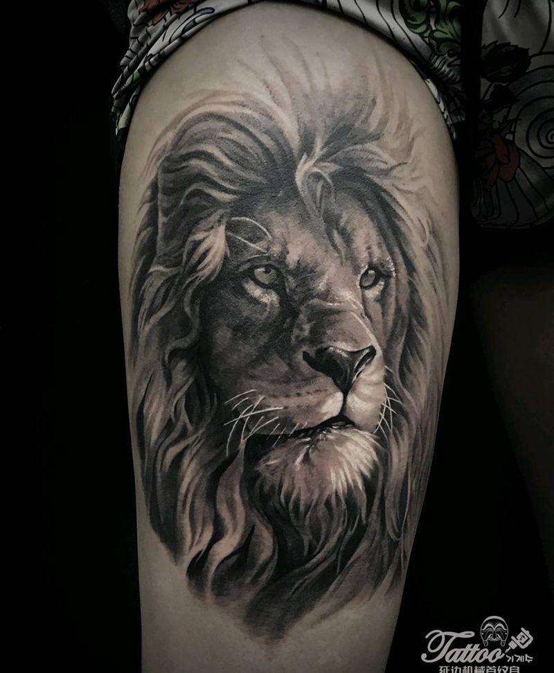 雄霸纹身图片_腿部欧美写实纹身图案