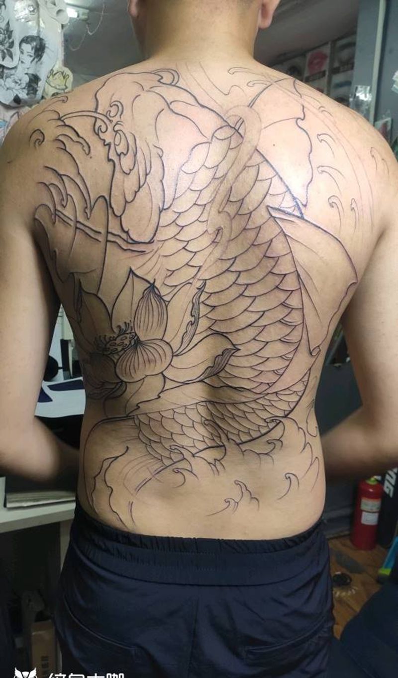 满背鲤鱼线条纹身图片_背部新传统纹身图案