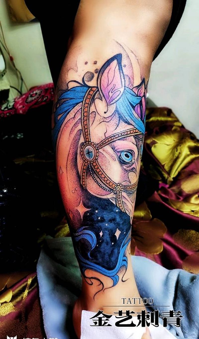 独角兽覆盖旧纹身纹身图片_腿部纹身图案