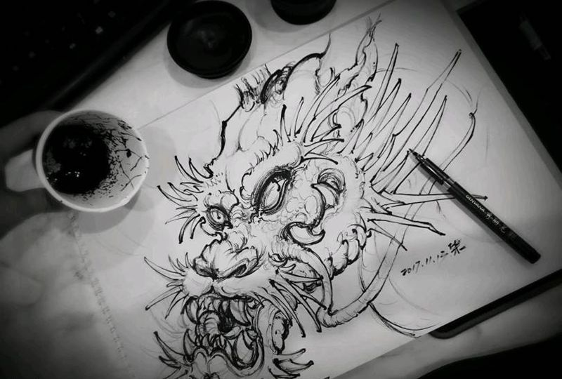 传统手稿龙纹身图片_传统鬼神宗教原创手稿纹身图案