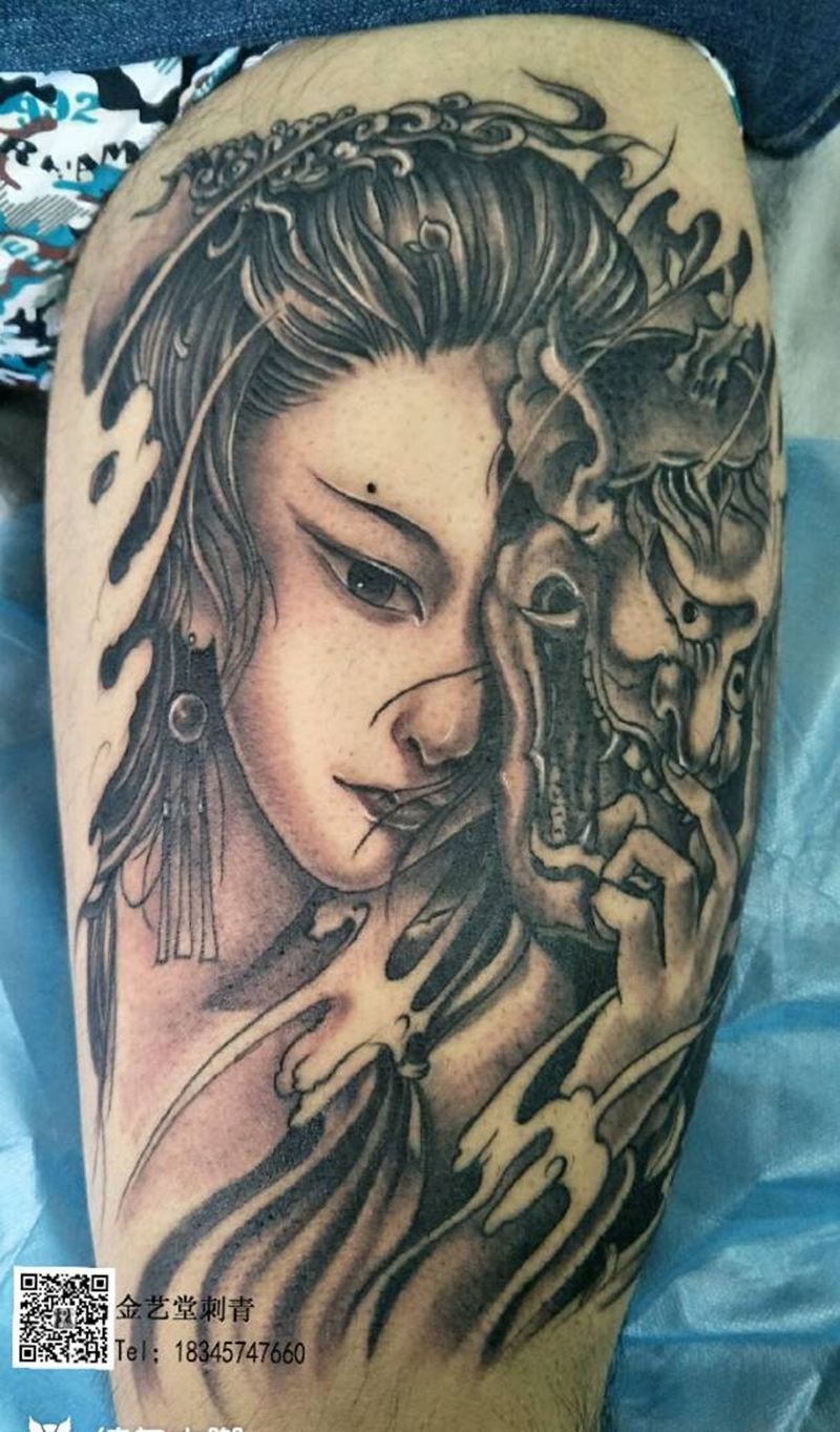 艺妓纹身图片_腿部新传统纹身图案