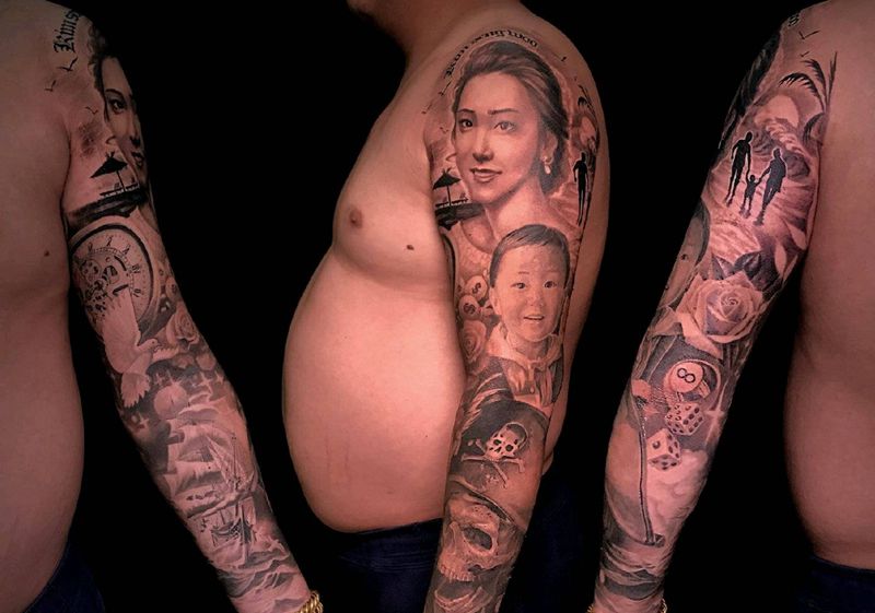 一家人纹身图片_手臂欧美写实纹身图案