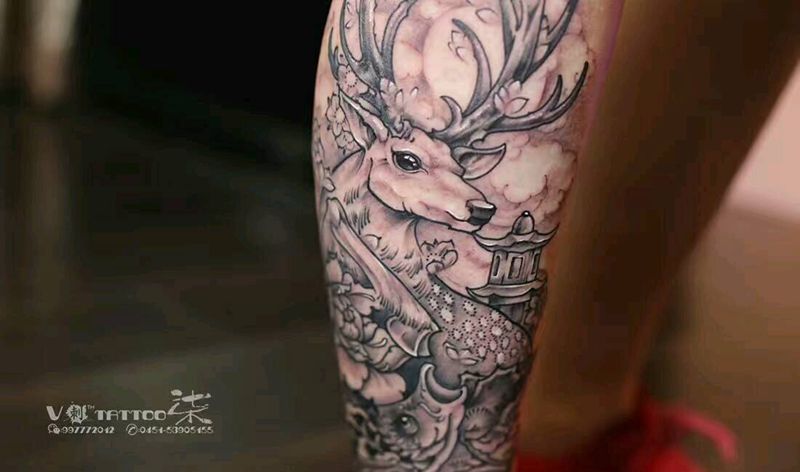 禄纹身图片_腿部传统动物原创成品纹身图案