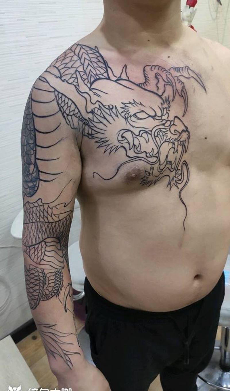 覆盖，花臂龙割线纹身图片_新传统纹身图案