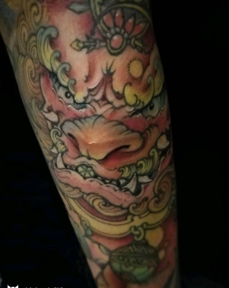 唐狮子花臂纹身图片_手臂手部传统习俗动物鬼神宗教原创花臂成品纹身图案