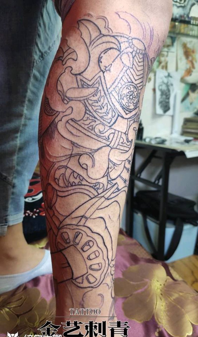 鬼武士花腿线条纹身图片_腿部纹身图案