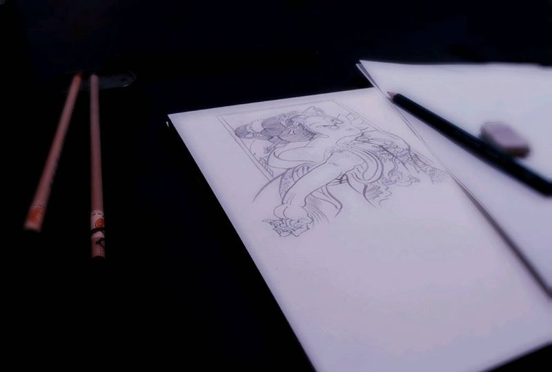 传统手稿纹身图片_传统习俗国画几何人物鬼神图腾原创彩色手稿纹身图案