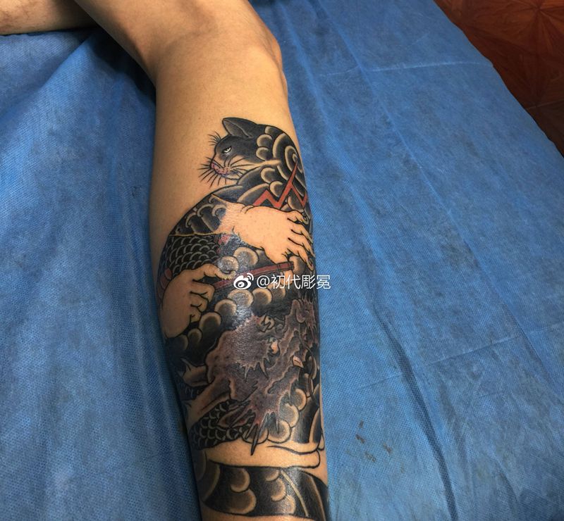 纹身猫纹身图片_成品腿部传统动物人物鬼神原创纹身图案
