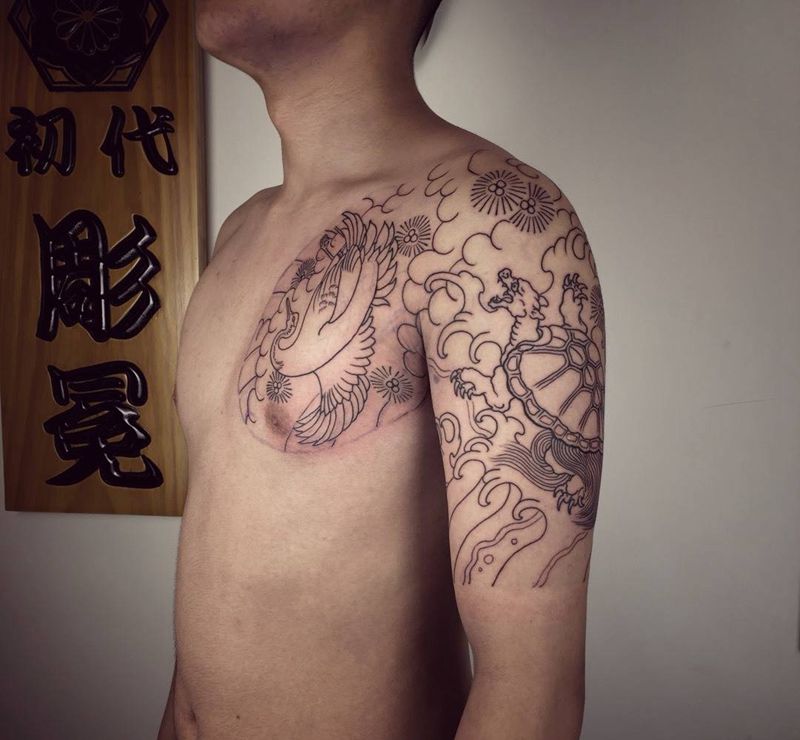 半甲（仙鹤 龙龟）纹身图片_胸部肩部老传统仙鹤纹身图案