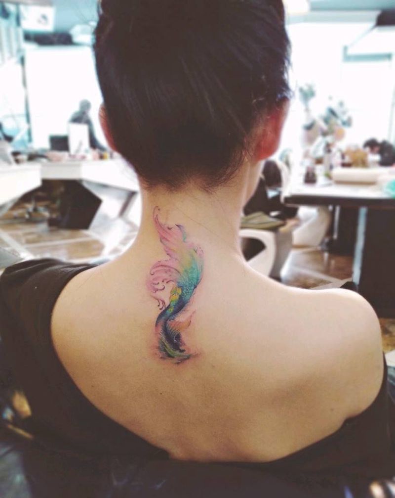 人鱼尾巴纹身图片_颈部背部欧美传统清新国画动物原创遮盖成品纹身图案