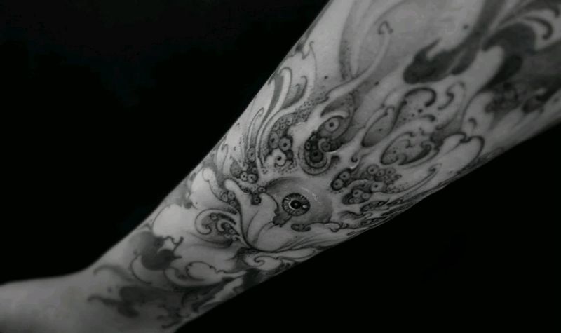 暗黑牡丹纹身图片_手臂传统植物原创黑灰成品纹身图案