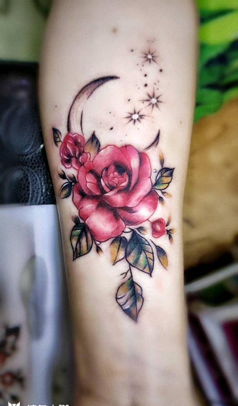 彩色玫瑰纹身图片_手臂纹身图案