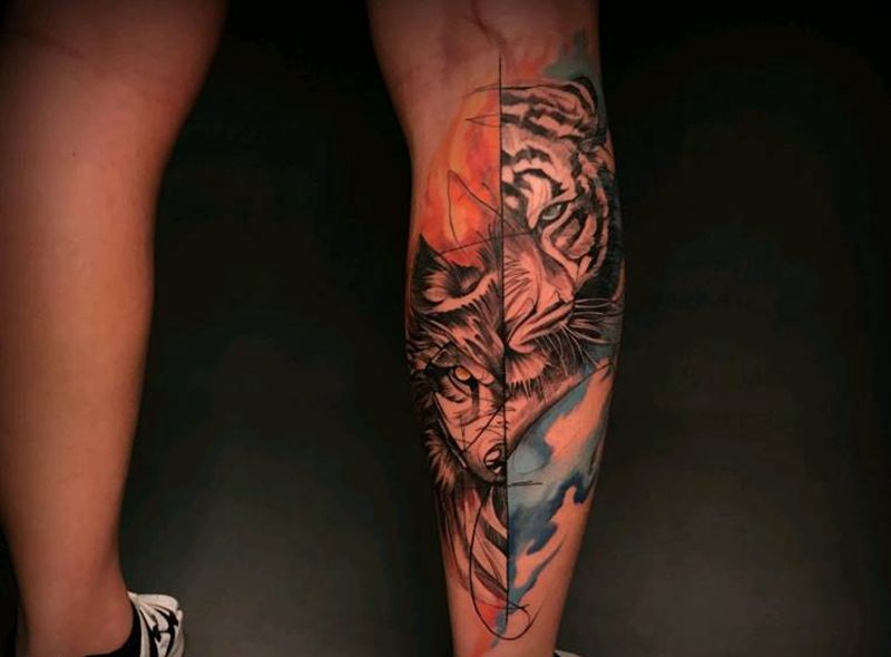 虎狼之心纹身图片_腿部欧美写实Old School虎狼写实纹身图案