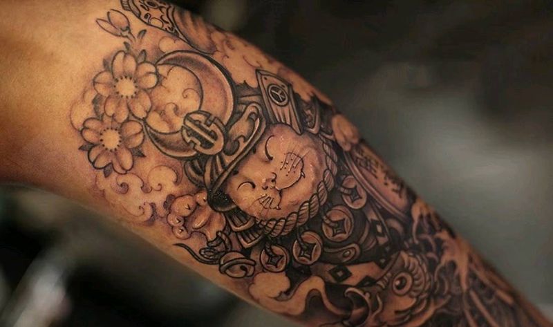 招财猫第一季纹身图片_腿部传统动物鬼神宗教原创黑灰成品纹身图案