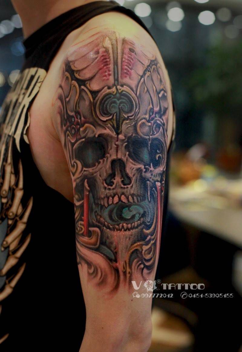 诱险！Tattoo by 阿V纹身图片_成品欧美阿V作品骷髅哈尔滨V刺骷髅肖像王子纹身图案