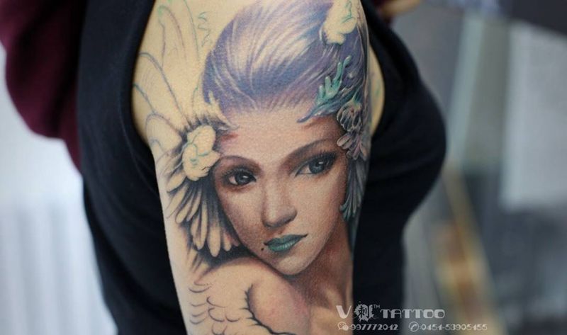 暗夜精灵未完成…纹身图片_成品手臂欧美肖像写实阿V作品花臂翅膀哈尔滨纹身图案