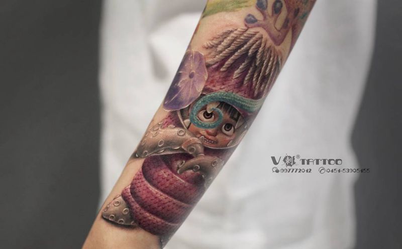 请查收你们的新鲜活力“布”～纹身图片_手臂欧美写实New School卡通可爱怪兽大学纹身图案