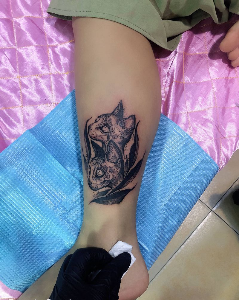 猫纹身图片_腿部新传统纹身图案