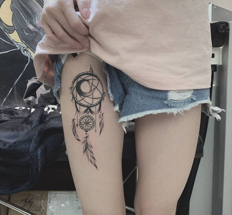 捕梦网纹身图片_腿部纹身图案