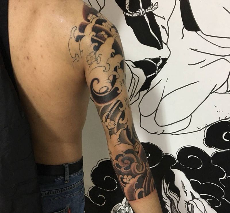 樱花浪臂七分袖带半胛纹身图片