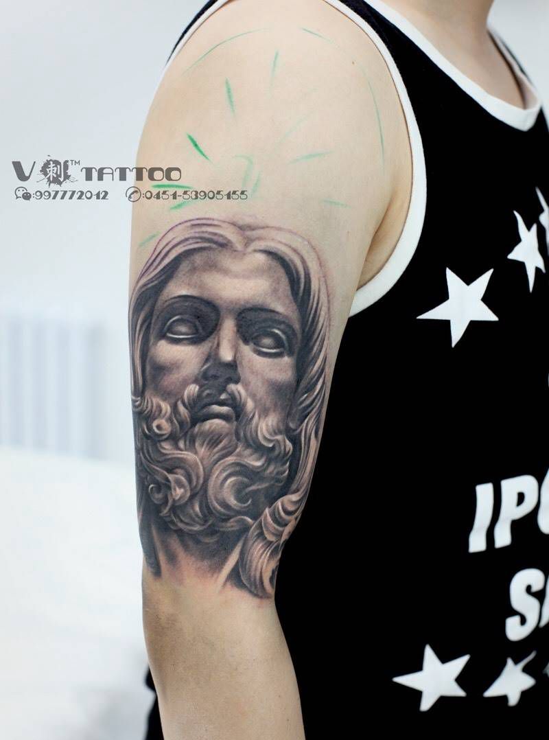 花臂未完成…纹身图片_成品手臂欧美宗教阿V作品V刺耶稣纹身图案