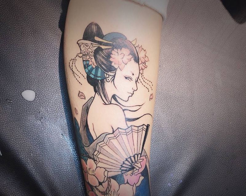 艺妓纹身图片_腿部新传统艺妓纹身图案