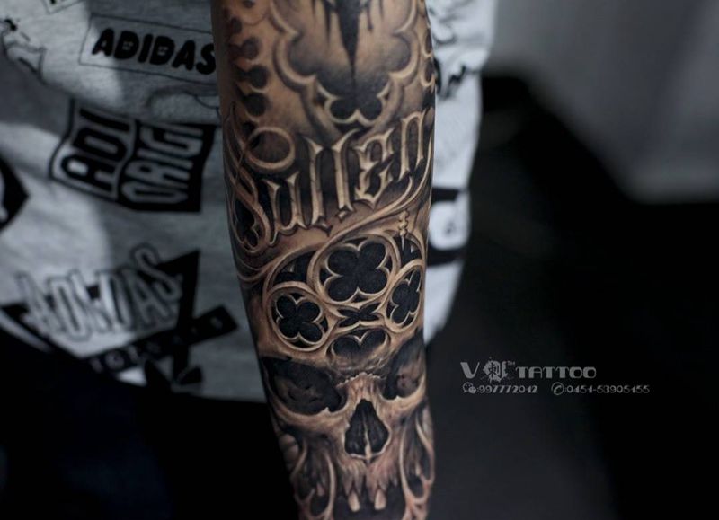 欧美修改花臂纹身图片_成品手臂欧美写实哈尔滨哈尔滨V刺花臂阿V骷髅3D纹身图案