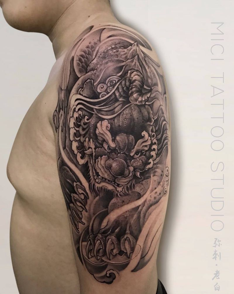 貔貅纹身图片_哈尔滨弥刺貔貅手臂肩部传统纹身图案