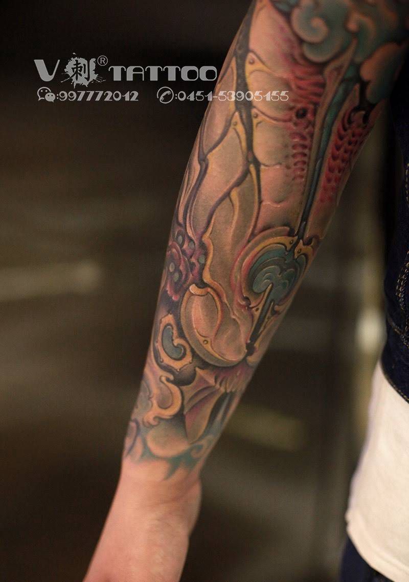 3D花臂纹身图片_成品阿V作品哈尔滨V刺肖像王子欧美花臂3D纹身图案