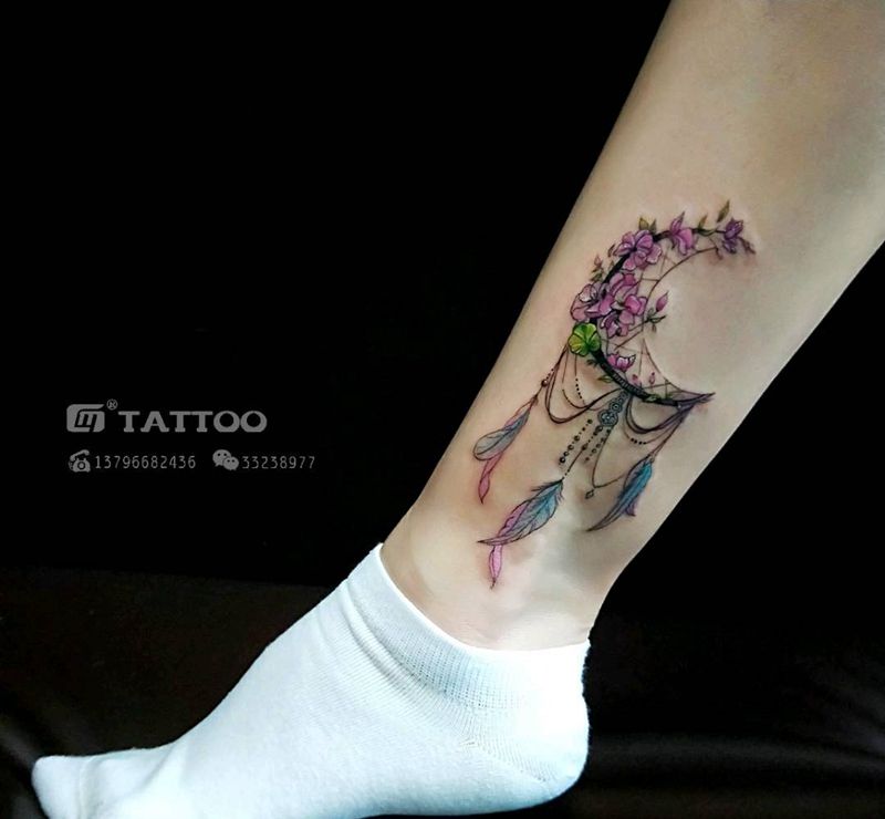 捕梦纹身图片_腿部水彩纹身图案