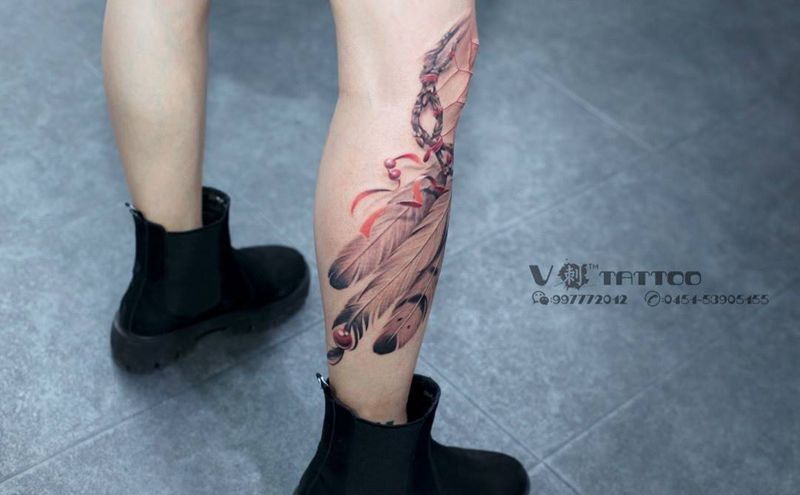 来自捕梦网的传说…纹身图片_成品腿部欧美写实哈尔滨哈尔滨V刺3D阿V捕梦网纹身图案