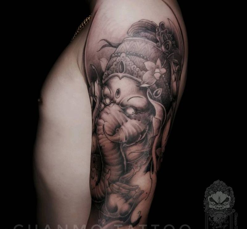 象神纹身图片_手臂新传统纹身图案