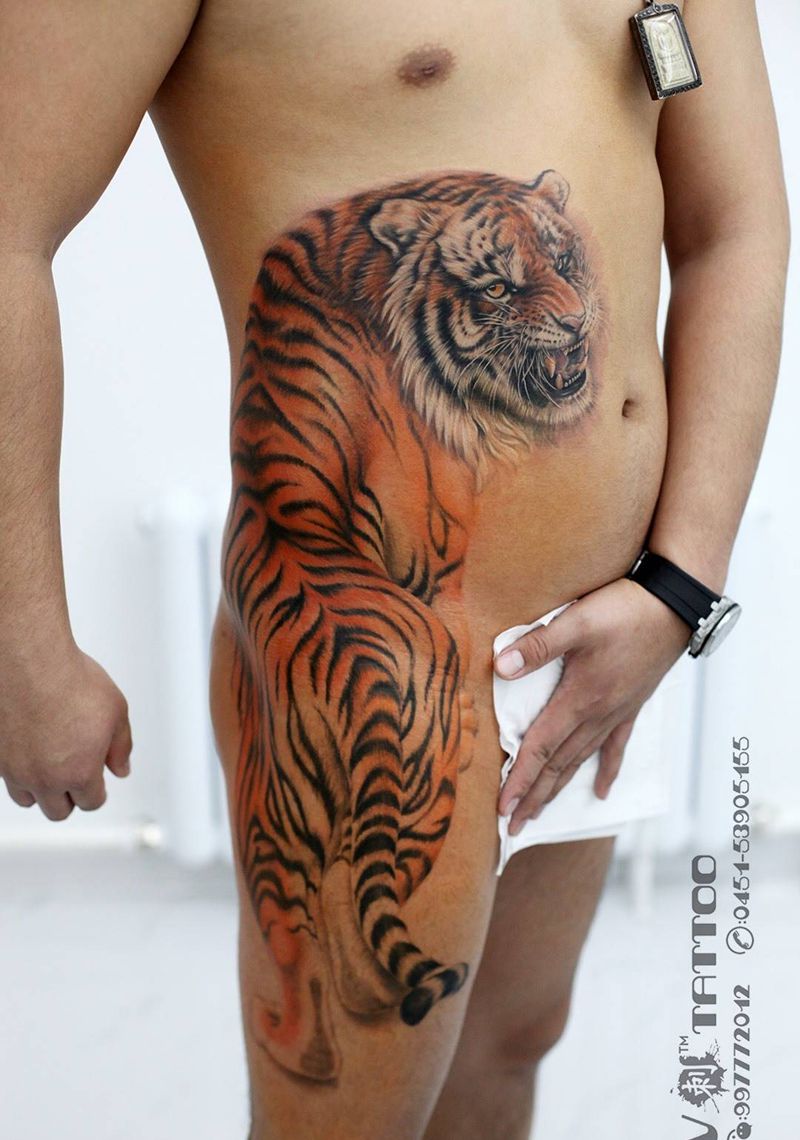 待完成！纹身图片_成品腹部国画传统动物阿V作品哈尔滨V刺肖像王子老虎纹身图案