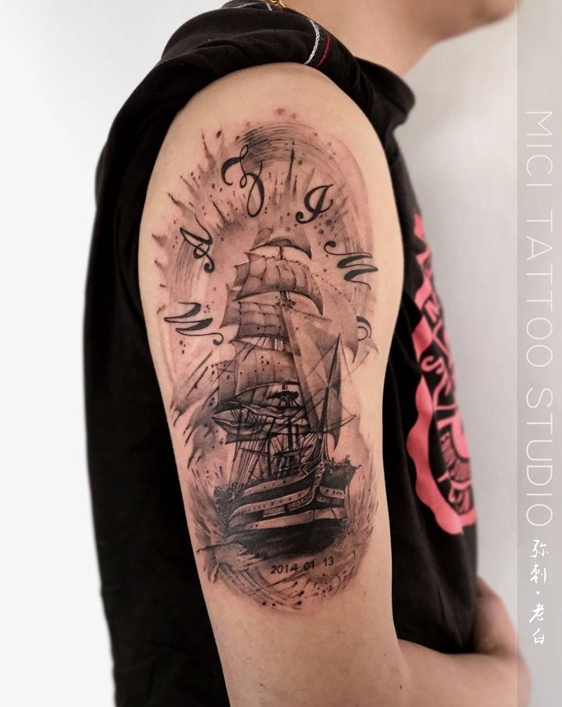 帆船纹身图片_帆船肩部手臂写实欧美纹身图案
