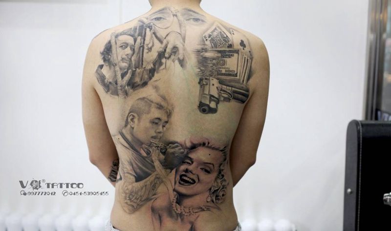 原创纹身设计纹身图片_背部欧美写实玛丽莲梦露肖像达利纹身图案