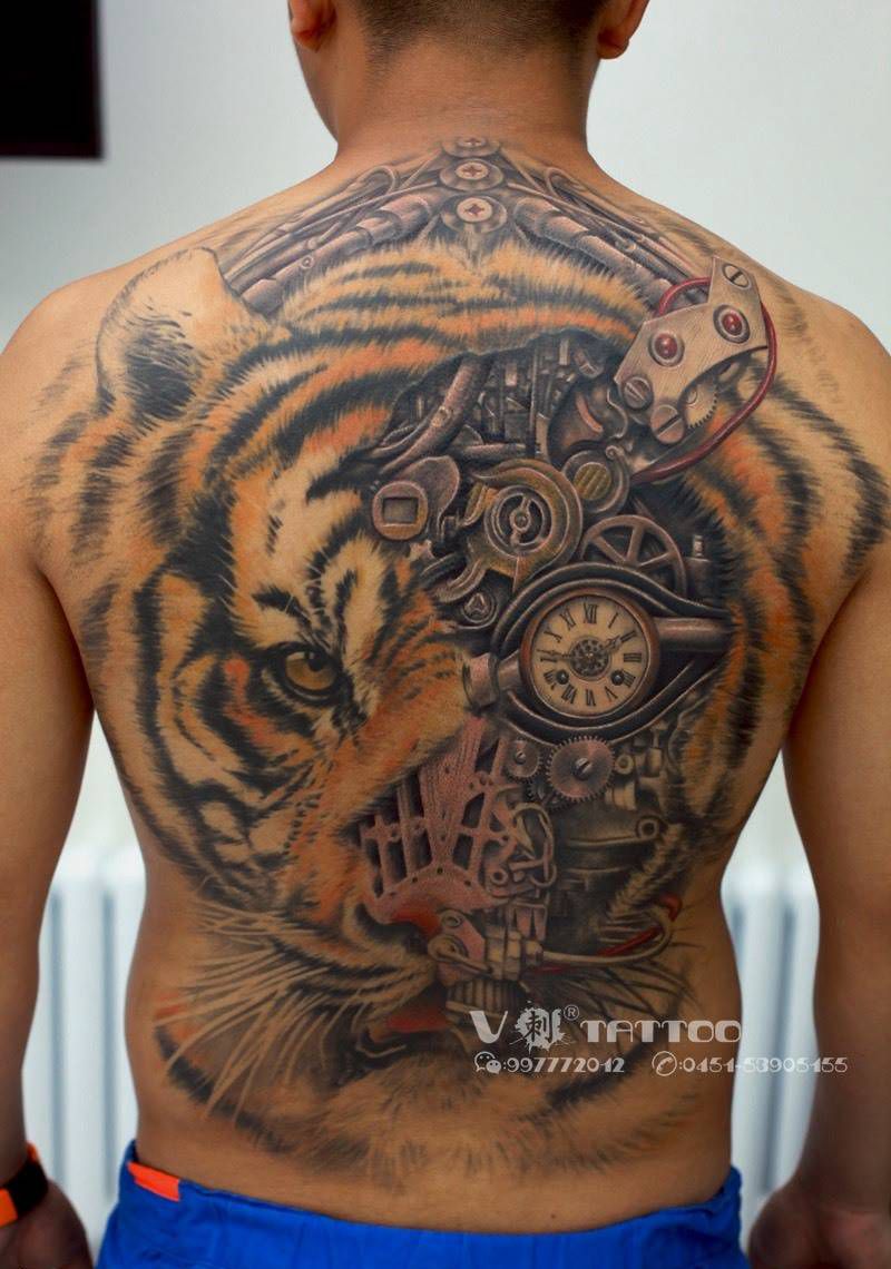 机械老虎！未完待续…纹身图片_成品背部欧美原创动物阿V作品哈尔滨V刺肖像王子老虎纹身图案