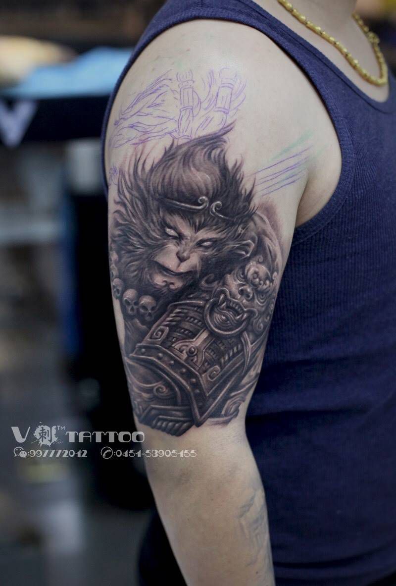 大圣归来！未完待续！纹身图片_成品手臂传统阿V作品花臂哈尔滨V刺肖像王子齐天大圣孙悟空纹身图案
