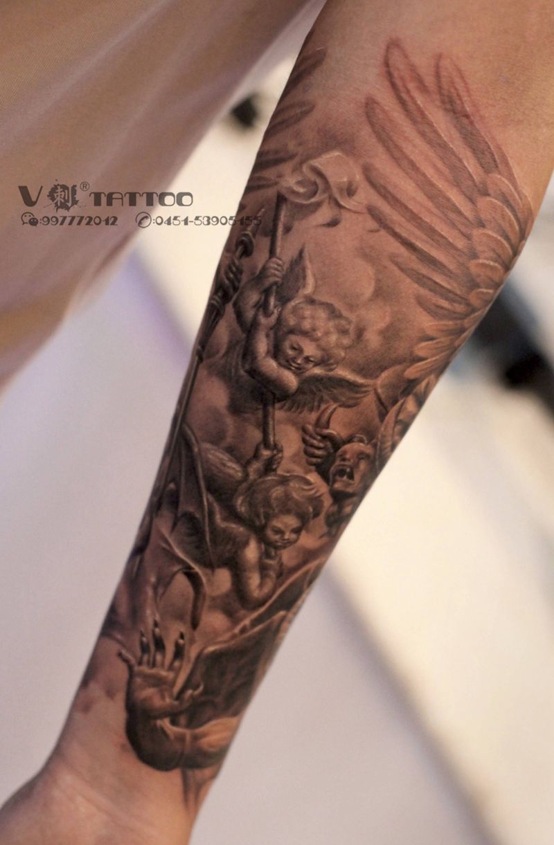 小天使纹身图片_手臂欧美写实天使小天使欧美纹身图案