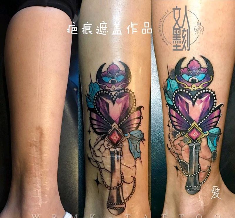 权杖/仙女棒/魔法棒纹身图片_腿部New School纹身图案