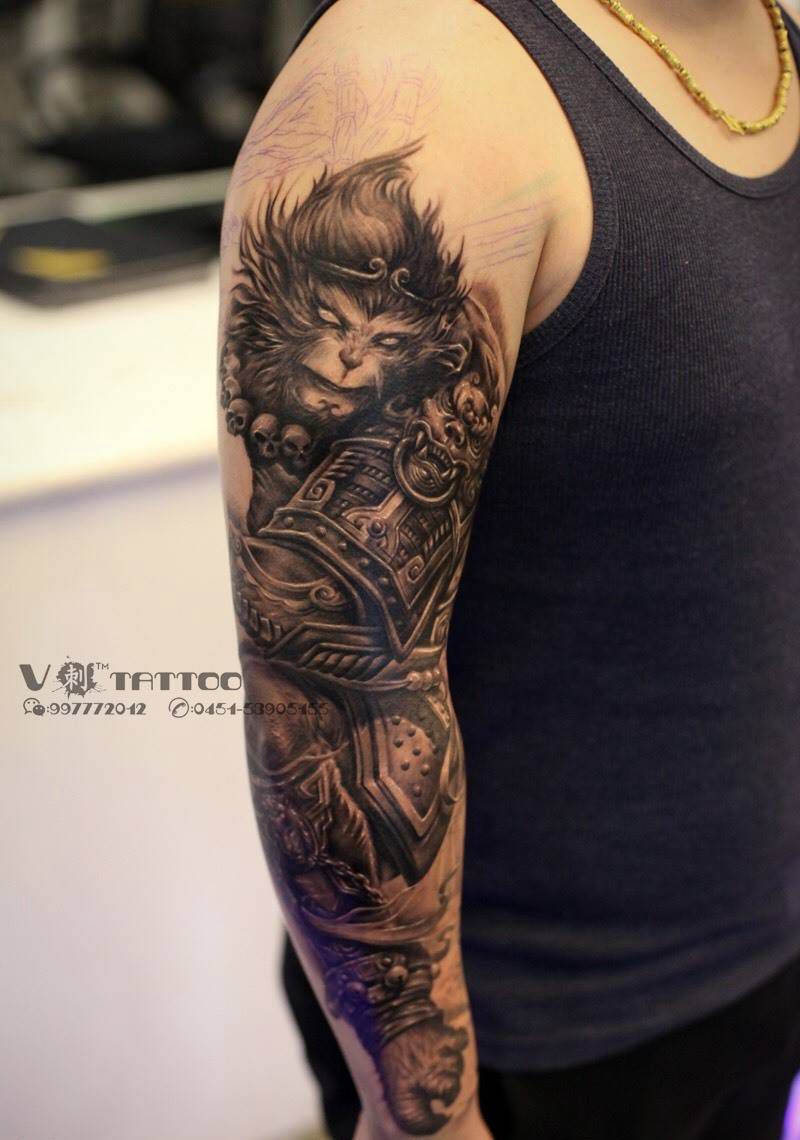 大圣归来完结篇！纹身图片_成品手臂传统阿V作品哈尔滨孙悟空齐天大圣花臂V刺肖像王子纹身图案