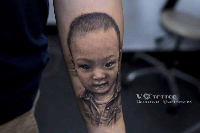 肖像作品！纹身图片_成品写实肖像人物哈尔滨V刺哈尔滨阿V3D手臂原创纹身图案