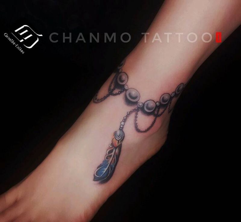 3D珍珠脚链纹身图片_脚部清新写实静物成品纹身图案