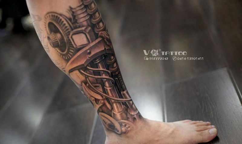 机械腿未完成！纹身图片_腿部欧美写实机械腿机械花腿超写实纹身图案